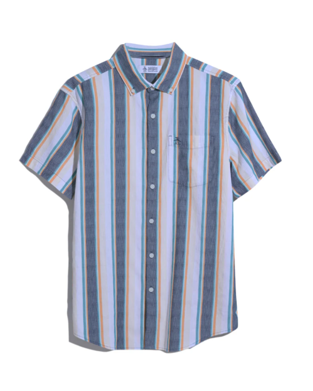Short Sleeve Crinkle Vertical Stripe Shirt In Blue Wing Teal
