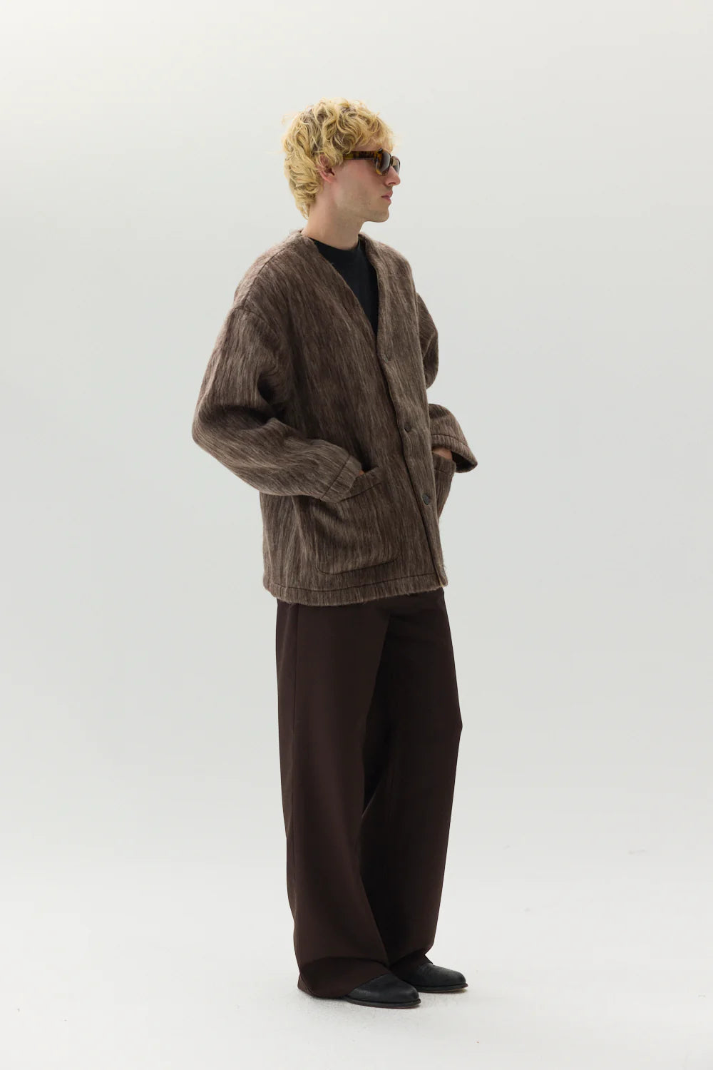 Bonded Cardigan Shaggy Wool Brown