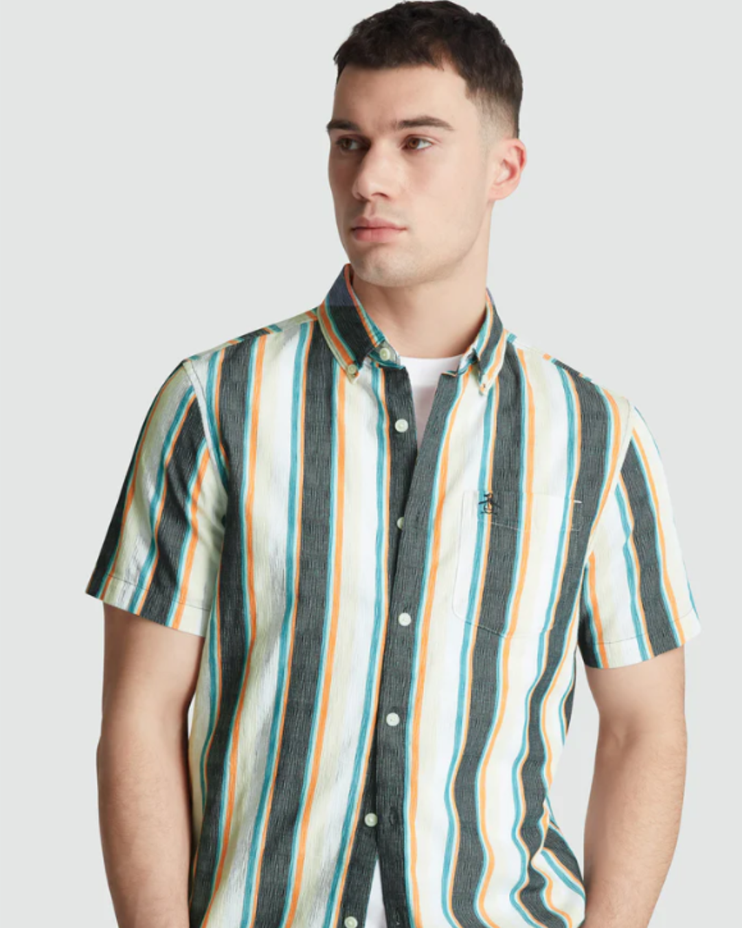 Short Sleeve Crinkle Vertical Stripe Shirt In Blue Wing Teal