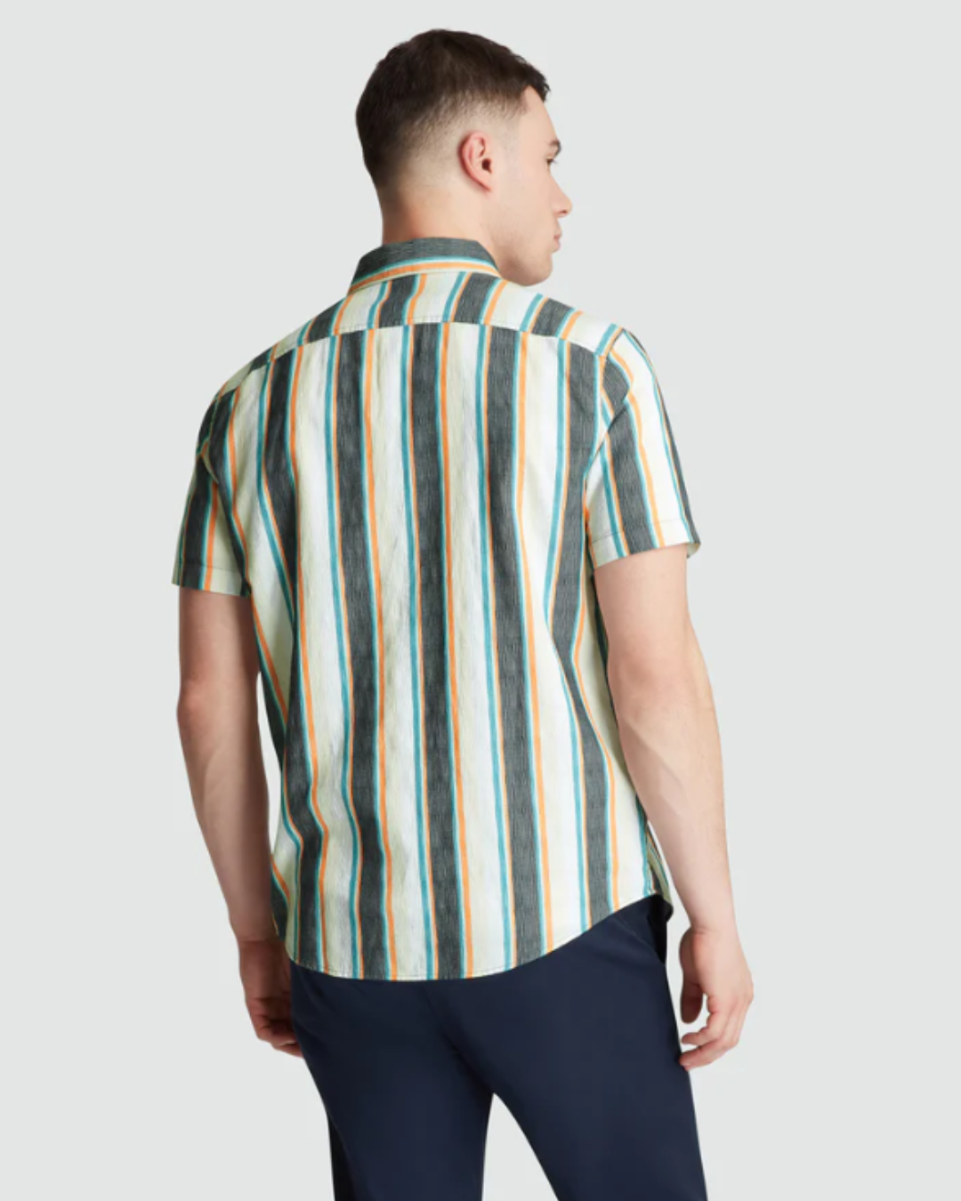 Short Sleeve Crinkle Vertical Stripe Shirt In Blue Wing Teal