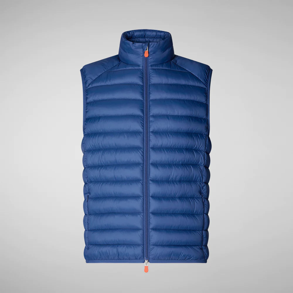 Blue men's gilet/body warmer with quilted design, lightweight nylon material, standing collar, and distinctive orange zip pullers, ideal for layering.